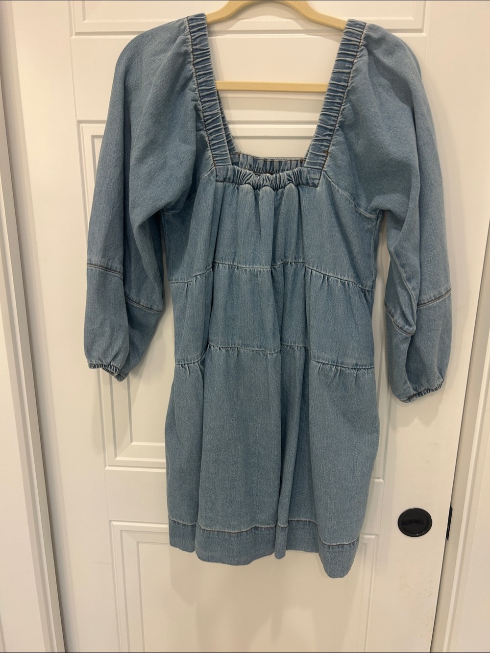 Free People Light Wash Denim Square Neck Tiered Smock Dress